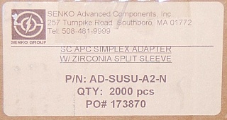 Minimum order qty: 25pc. Simplex SC/APC to SC/APC. zirconia internal split sleeve. with flange. Senko P/N: AD-SUSU-A2-N