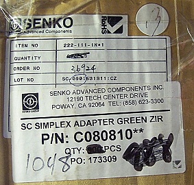 Min order qty: 10pc. $1.35/$0.8 each if buy 100pc/1000pc. Simplex SC/APC to SC/APC. Zirconia internal split sleeve. with flange. Senko P/N: 222-111-1 (or 222-111-1N*1). AFL Telecommunications P/N: C080810. Lot No.: SC-0901531S11:CZ