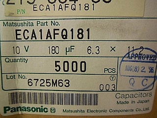 Price per bag is $1.8 if buy 50 bags(5000pc). ECA1AFQ181 PANASONIC capacitor 180uF 10V Aluminum Electrolytic Radial High Temp. Low ESR