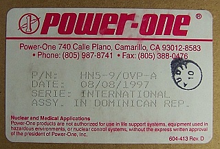 LINEAR Regulated Power Supply,  5VDC, 9A. International series. Case N. Power One model: HN5-9/OVP-A