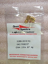 SMA female-male right-angle adapter. Omni Spectra model: OSM 219A 87 48