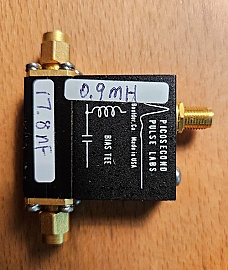 >26GHz Bias Tee. Picosecond Pulse Labs model: 5541A. Bias tee port is female SMA interface, RF and common ports are male SMA connectors.