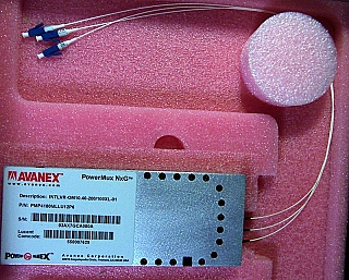 200-to-100GHz Interleaver Mux for L-band and also above 1555nm. PowerMux NxG. Passive module, TEC is not required. Avanex model: PMP4100MLLU12P6.