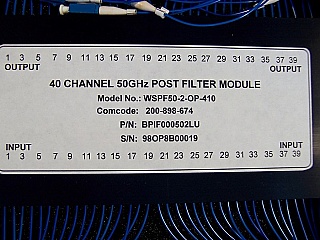 Passive 40-ports 20 pairs of  1x1 6nm-BW (1-dB bandwith) filters, They are actually 20pc 1x1 wideband filters, each filter is 50GHz spaced to each other. No need temperature controller. 1546.52-1562.23nm.  Oplink model: WSPF50-2-OP-410, P/N BPIF0000502LU