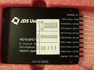 1x8  8 Channel C-band 100GHz DWDM demux with upgrade port. 8 channels are from 1548.52nm to 1554.13nm . With E2000/APC connectors. JDS P/N: WD1508RD1-SM2
