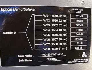 1x8  8 Channel C-band 200GHz DWDM demux. 8 channels are from 1549.315nm to 1560.606nm . With 9 SC/APC adapters. HARMONIC P/N: HWD1108-W01-AS-1
