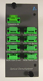 1x8  8 Channel C-band 200GHz DWDM demux. 8 channels are from 1549.315nm to 1560.606nm . With 9 SC/APC adapters. P/N: HWD1108-W01-AS-1