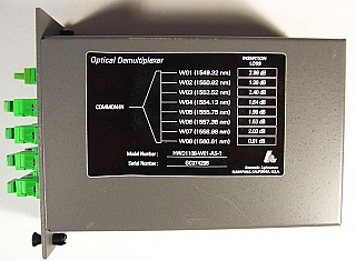 1x8  8 Channel C-band 200GHz DWDM demux. 8 channels are from 1549.315nm to 1560.606nm . With 9 SC/APC adapters. P/N: HWD1108-W01-AS-1
