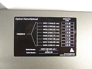 1x8  8 Channel C-band 200GHz DWDM demux. 8 channels are from 1549.315nm to 1560.606nm . With 9 SC/APC adapters. P/N: HWD1108-W01-AS-1