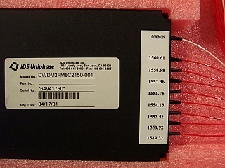 200GHz-spacing 8-channel mux module. 8 channel wavelengths(not continuously): from 1549.32nm to 1560.61nm.  JDS model: DWDM2FM8C2150-001.