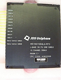 10 channel JDS L-band 200GHz demux (two 1x5 200GHz demuxes). 10 channels are from 1595.489nm to 1603.1681nm . With SC/PC connectors. P/N: WD15010D2L2-NT3