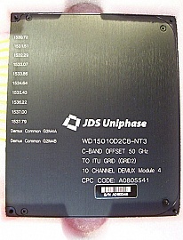 10 channel JDS C-band 200GHz demux (two 1x5 200GHz demuxes), 10 channels are from 1530.725nm to 1537.792nm . With SC/PC connectors. P/N: WD15010D2C8-NT3