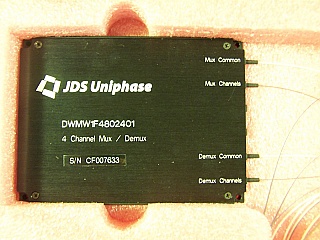 4 Channel 100GHz Mux and Demux Module. It includes one 1x4 100GHz mux and one 1x4 100GHz demux, 4 channel wavelengths: from 1530.33nm to 1532.68nm. JDS P/N: DWMW1F4802401