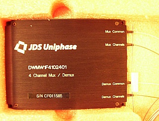 4 Channel 100GHz Mux and Demux Module. It includes one 1x4 100GHz mux and one 1x4 100GHz demux, 4 channel wavelengths: from 1558.17nm to 1560.61nm. JDS P/N: DWMW1F4102401