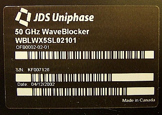 50GHz WaveBlocker for L-band, around 1585nm, removed from Innovance OC-192 long haul transmission system: TSC card or OADA card.  JDS P/N: WBLWX5SL02101, OFB0002-02-01
