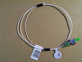 Fiber-tube-assmbly. FC/APC connector at one end, 2.23mm-diameter 12-degree angled tube/ferrule at the other end,  69-cm long 900um-buffered MM fiber, P/N: J-FAFA-6-003-J1