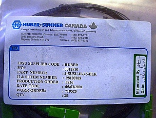 Min order qty=40. SC/APC-SC/APC 3.5-meter simplex Fiber jumper, 900um-buffered fiber. Hurber+Suhner P/N: J-SUSU-H-3.5-BLK