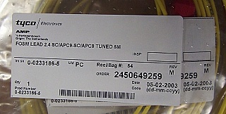 $4.5 each if buy 100pc. Min order qty=20. SC/APC-SC/APC 5-meter simplex fiber jumper. TYCO/AMP P/N: 0-0233186-5