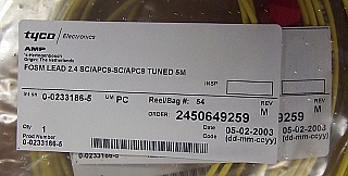 SC/APC-SC/APC 5-meter simplex fiber jumper. TYCO/AMP P/N: 0-0233186-5