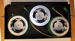 Three C-band DCM within rack mount, each DCM (dispersion: -166, -329, or -166 ps/nm/km) is for 10km, 20km, or 10km standard fiber compensation. Ciena Corestream P/N: 600-3192-202