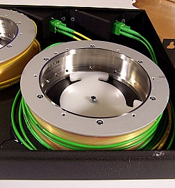 Three C-band DCM within rack mount, each DCM (dispersion: -166, -329, or -166 ps/nm/km) is for 10km, 20km, or 10km standard fiber compensation. Ciena Corestream P/N: 600-3192-202