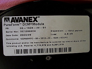 Avanex pureform DCM for 1.55um C-band, low loss version. Dispersion: about -1313 ps/nm. Avanex model: 03-1526-20-01, Tellabs Model: DCM-80. for 80km standard SMF compensation.