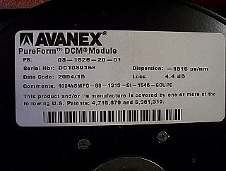 Avanex pureform DCM for 1.55um C-band, low loss version. Dispersion: about -1313 ps/nm. Avanex model: 03-1526-20-01, Tellabs Model: DCM-80. for 80km standard SMF compensation.