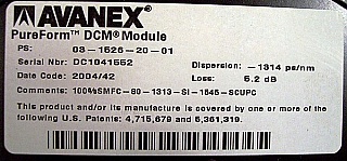Avanex pureform DCM for 1.55um C-band, low loss version. Dispersion: about -1313 ps/nm. Avanex model: 03-1526-20-01, Tellabs Model: DCM-80. for 80km standard SMF compensation.