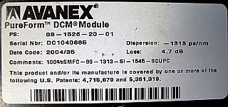 Avanex pureform DCM for 1.55um C-band, low loss version. Dispersion: about -1313 ps/nm. Avanex model: 03-1526-20-01, Tellabs Model: DCM-80. for 80km standard SMF compensation.