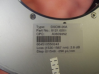 Dispersion slope compensation module for 1.55um C-band, to compenste 20km standard SMF dispersion, Dispersion is about -290ps/nm/km at 1550nm. Type: DSCM-20A,  P/N: 0121.0201. Lucent made for Nortel.