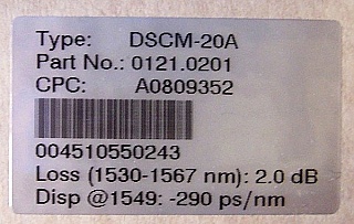 Dispersion slope compensation module for 1.55um C-band, to compenste 20km standard SMF dispersion, Dispersion is about -290ps/nm/km at 1550nm. Type: DSCM-20A,  P/N: 0121.0201. Lucent made for Nortel.