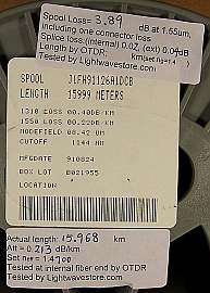 15.999km Lucent/AT&T dispersion-shifted fiber (DS,DSF) spool. With zero dispersion around 1550nm. With actual dispersion test data. With 2 FC/PC fiber connectors. Fiber ID number ending with 'DCB'.