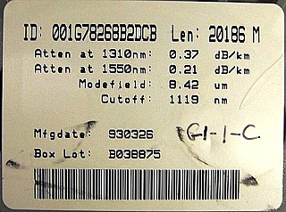 20km or 13km Lucent/AT&T dispersion-shifted fiber (DS,DSF) spool. With zero dispersion around 1550nm. With 2 FC/PC fiber connectors. Fiber ID number ending with 'DCB'.