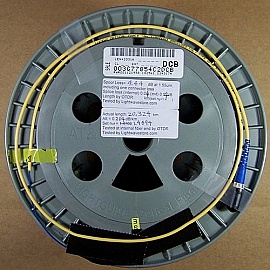 20km or 13km Lucent/AT&T dispersion-shifted fiber (DS,DSF) spool. With zero dispersion around 1550nm. With 2 FC/PC fiber connectors. Fiber ID number ending with 'DCB'.