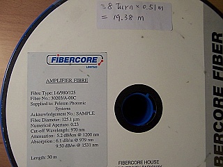 About 19.38-meter C-band Erbium Doped Fiber. Fibercore model: I-6/980/125. Price is for one spool/roll