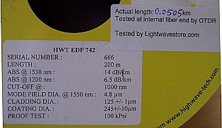 About 50.5-meter C-band Erbium Doped Fiber, Highwave model: HWT-FIB-742. Price is for one spool/roll