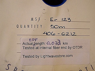 About 32-meter very-high-doping C-band Erbium Doped Fiber. Moritex model: Er-123. Price is for one spool/roll