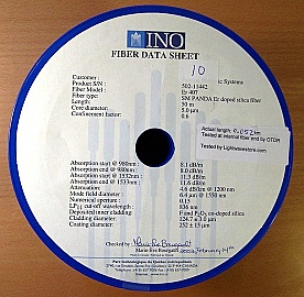 About 52-meter C-band PM Erbium Doped Fiber. INO model: Er 407 Price is for one spool/roll