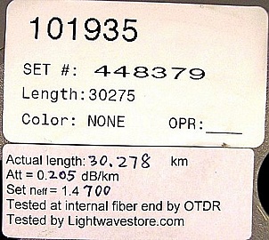 25km or 30km Lucent/AT&T Truewave "-" fiber spool. With negative dispersion around 1550nm. Without fiber connectors. 'UFO' Fiber. Without actual dispersion test data.
