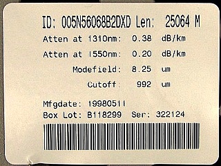 25.06km Lucent Truewave "-" fiber spool. With negative dispersion around 1550nm. Without fiber connectors. Fiber ID number ending with "DXD". New