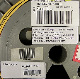 25.084km Lucent Truewave "-" fiber spool. With negative dispersion around 1550nm. With actual dispersion test data. With 2 FC/PC fiber connectors. Fiber ID number ending with "DXD".