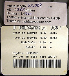 25.084km Lucent Truewave "-" fiber spool. With negative dispersion around 1550nm. With actual dispersion test data. With 2 FC/PC fiber connectors. Fiber ID number ending with "DXD".