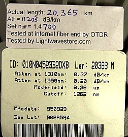 20.388km or 16.411km Lucent Truewave "-" fiber spool. With negative dispersion around 1550nm. Without fiber connectors. Fiber ID number ending with "DXB".