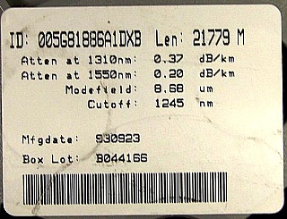 14km to 30km Lucent Truewave "-" fiber spool. With negative dispersion around 1550nm. Without fiber connectors. Fiber ID number ending with "DXB". Fiber is broken at several places from external or internal fiber end of spool. 'Sell As Is', 'No Return'