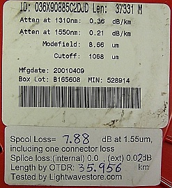 36km Lucent Truewave-RS fiber spool. Tested fiber length is from 35.956km to 36.678km. With 2 SC/PC connectors