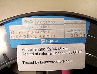 150-meter Fujikura PM bare Fiber, SM.98-P-6/125-UV/UV-250(200KPSI). designed for 980nm. Test sheet photo is from sold spool only.