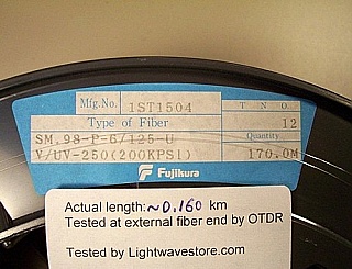 ~160-meter Fujikura PM bare Fiber, SM.98-P-6/125-UV/UV-250(200KPSI). designed for 980nm. Test sheet photo is from sold spool only.
