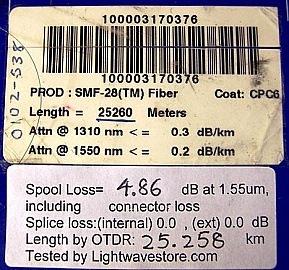 25.26km SMF-28 bare fiber spool, with 2 SC/PC connectors