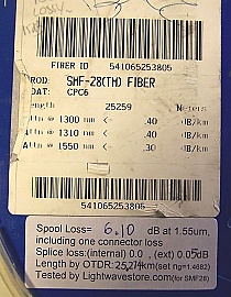 25.26km SMF-28 bare fiber spool, with 2 SC/PC connectors. Fiber spool loss (6.10dB) is a little higher than expected  since this spool uses old specfication