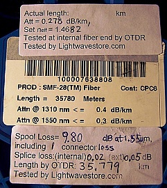 35.3km SMF-28 bare fiber spool, with 2 FC/APC connectors, high attenuation 0.278dB/km at 1550nm